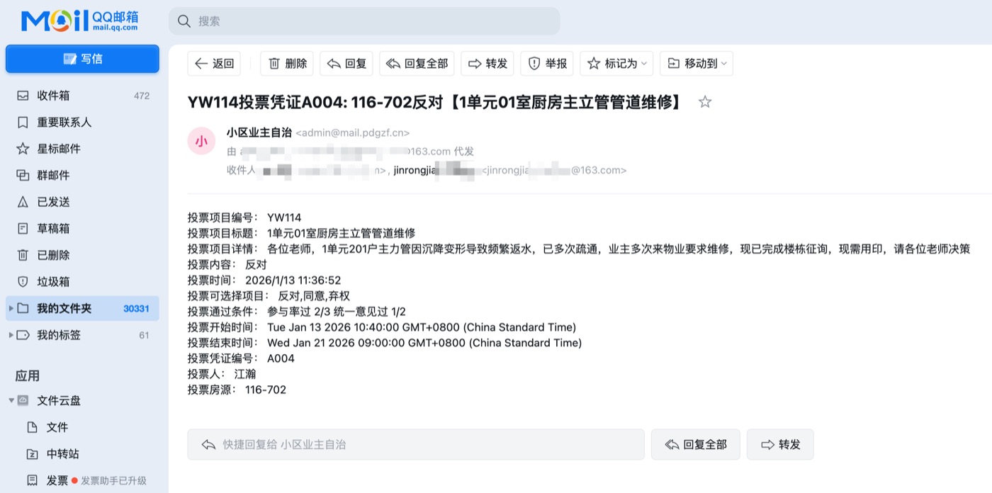 投票凭证邮件示例：包含议题详情、表决结果与唯一编号